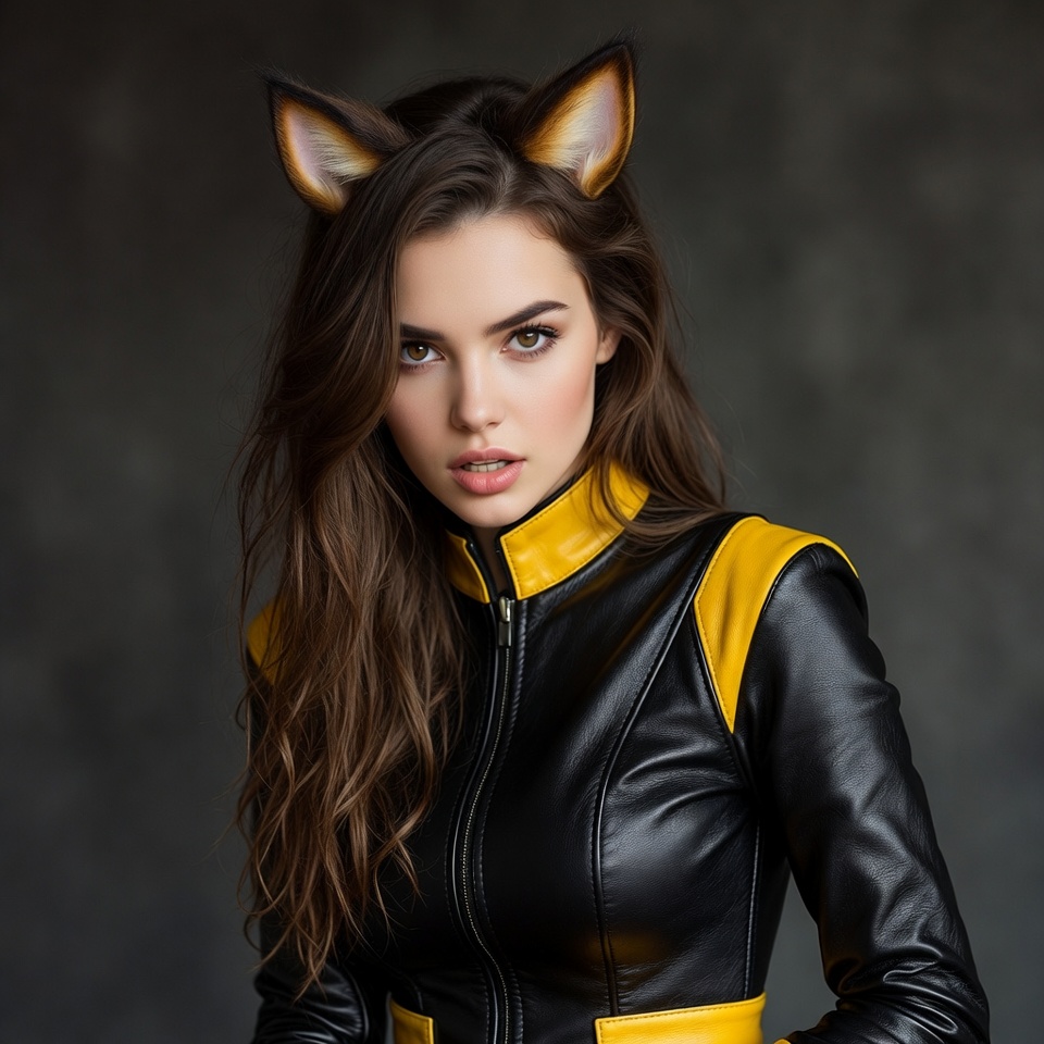 Woman in black leather jacket with cat ears Woman in black leather jacket with cat ears