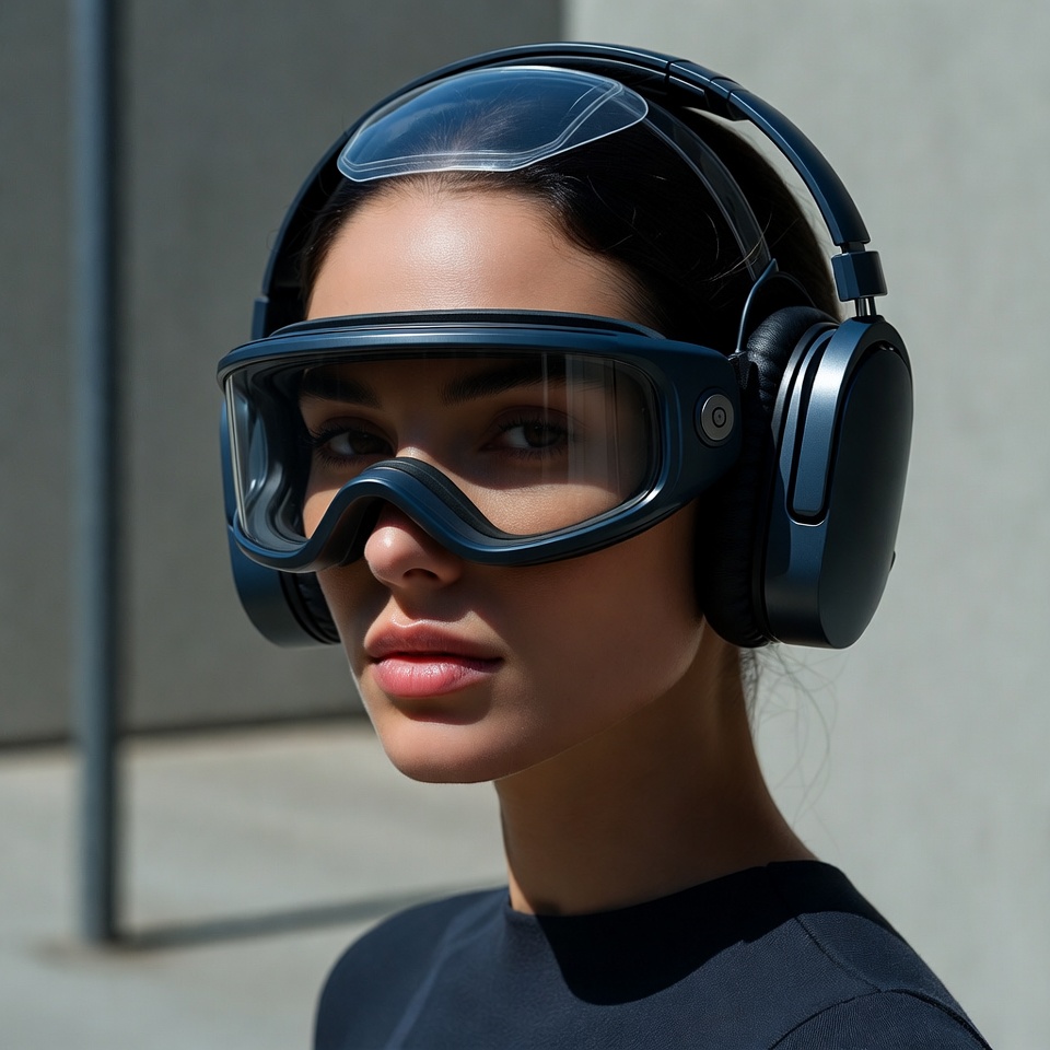 Woman wearing AR goggles headphones Woman wearing AR goggles headphones
