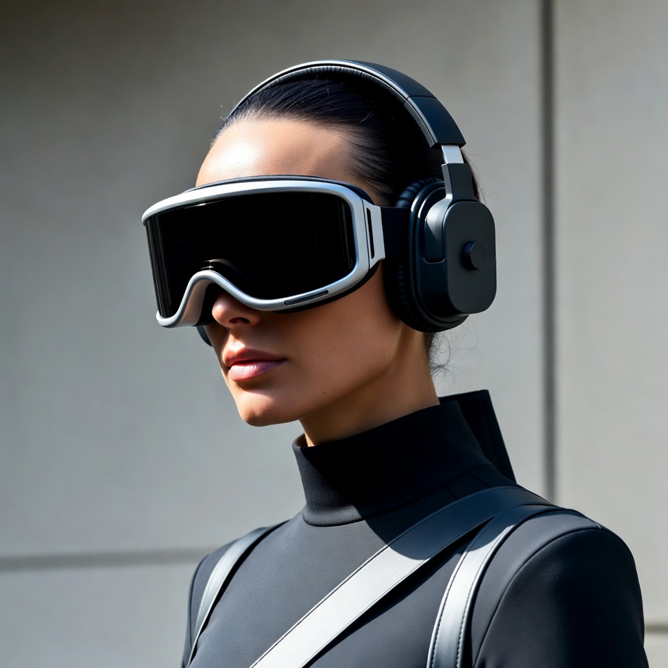 Woman wearing VR headset and headphones Woman wearing VR headset and headphones