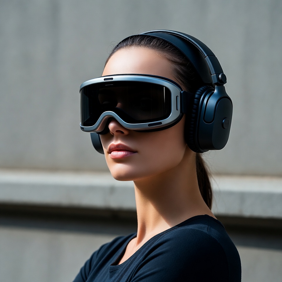 Woman wearing VR goggles and headphones Woman wearing VR goggles and headphones