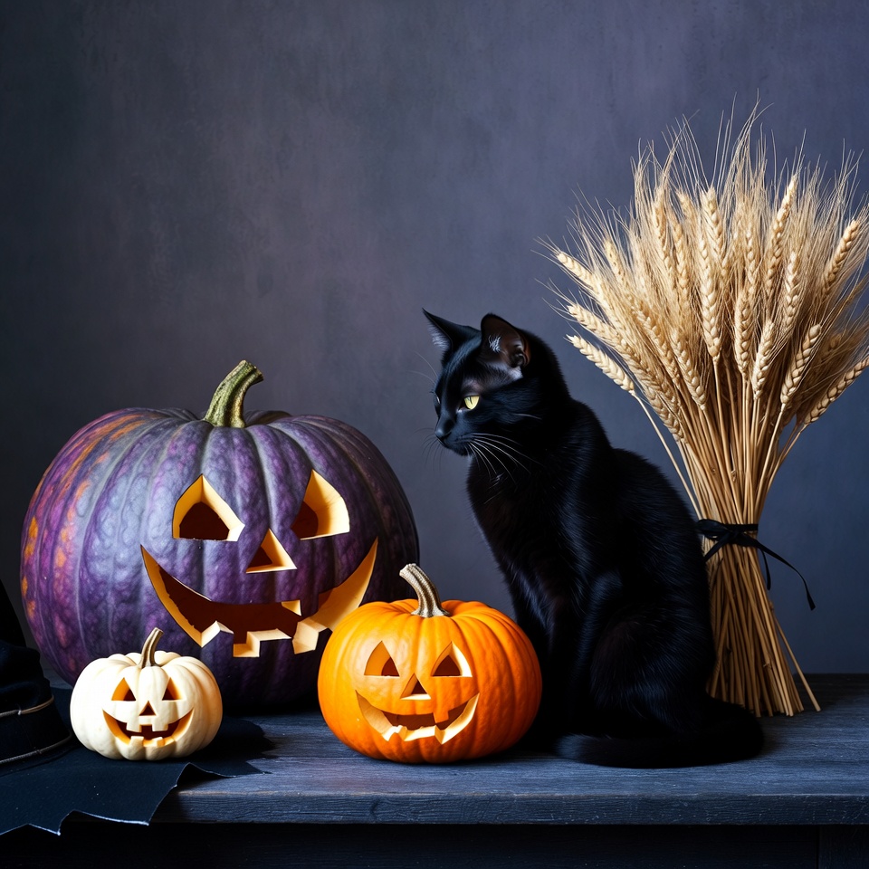 Black Cat with Jack-o-Lanterns and Wheat Black Cat with Jack-o-Lanterns and Wheat