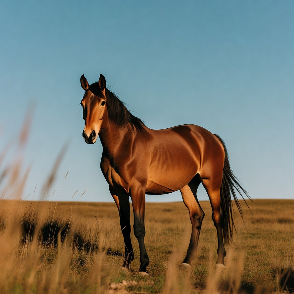 Bay horse standing in grassy field Bay horse standing in grassy field