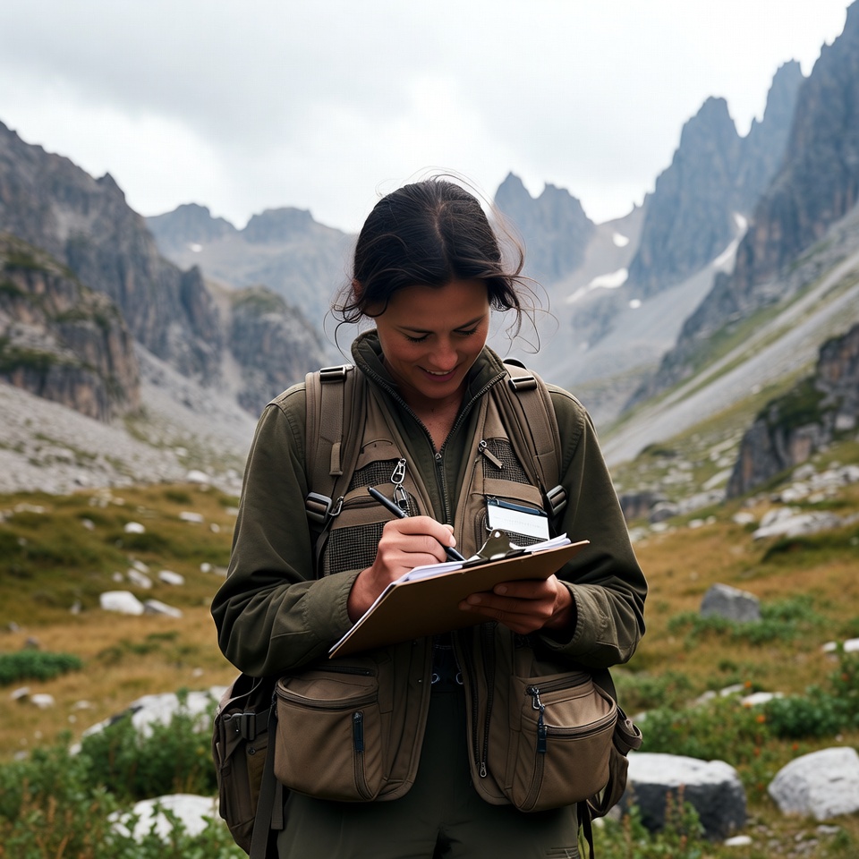 Woman writing on clipboard in mountains Woman writing on clipboard in mountains