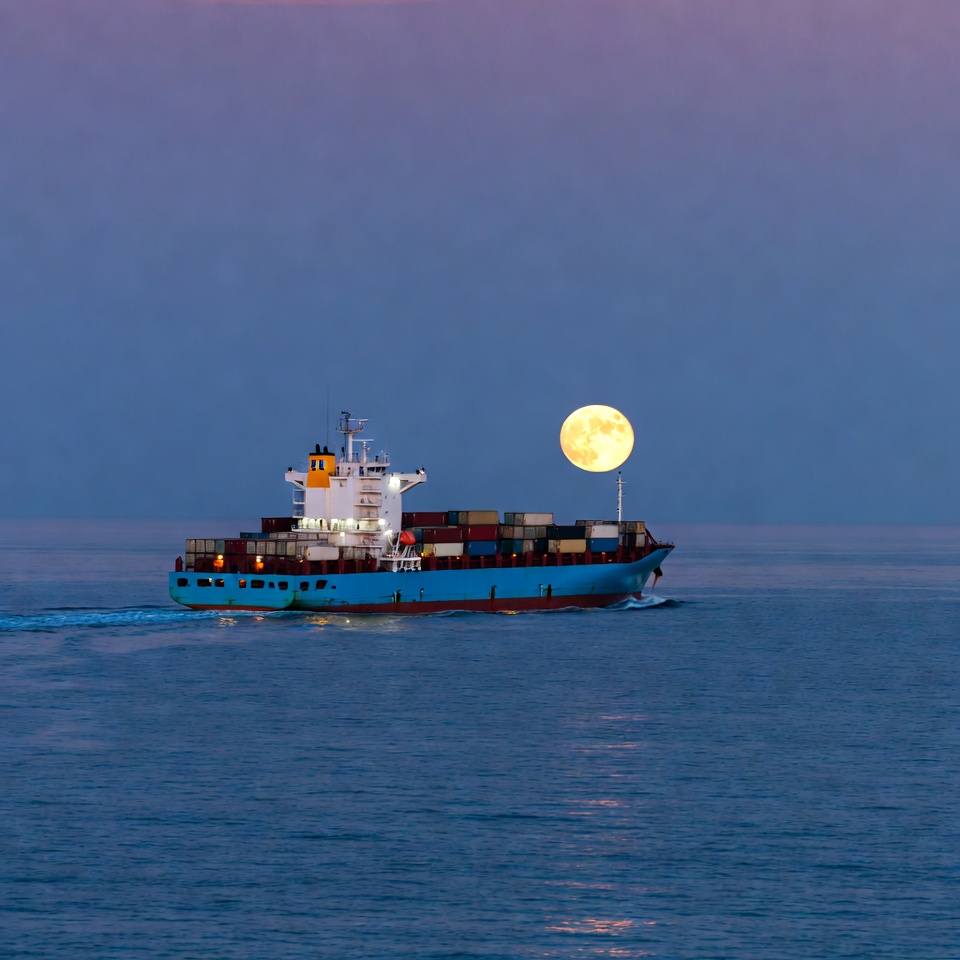 Cargo Ship Sailing with Full Moon Cargo Ship Sailing with Full Moon