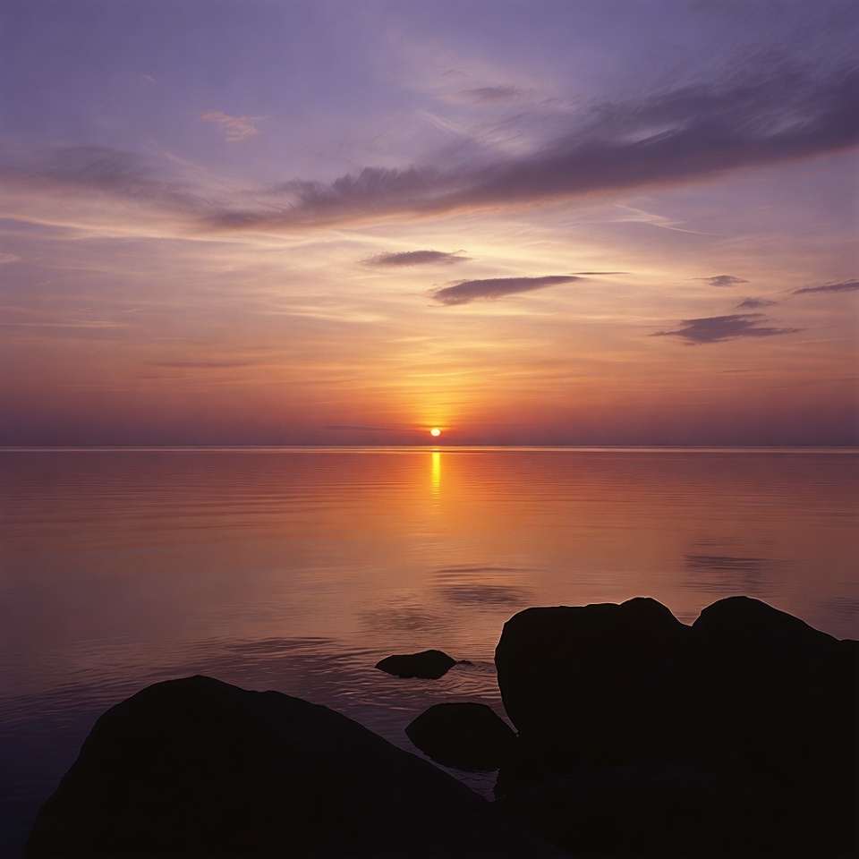Sunset over calm lake with rocks Sunset over calm lake with rocks