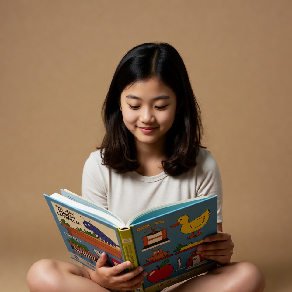 Asian girl reading picture book Asian girl reading picture book
