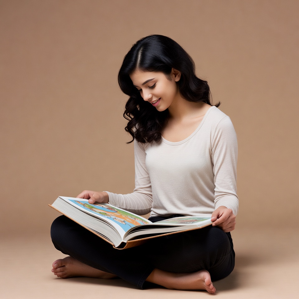 Young woman reading book cross-legged Young woman reading book cross-legged