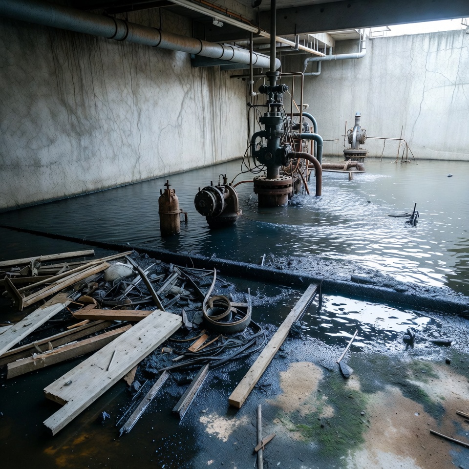 Flooded industrial room with pipes Flooded industrial room with pipes
