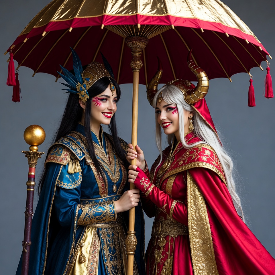 Two women holding ornate red umbrella Two women holding ornate red umbrella