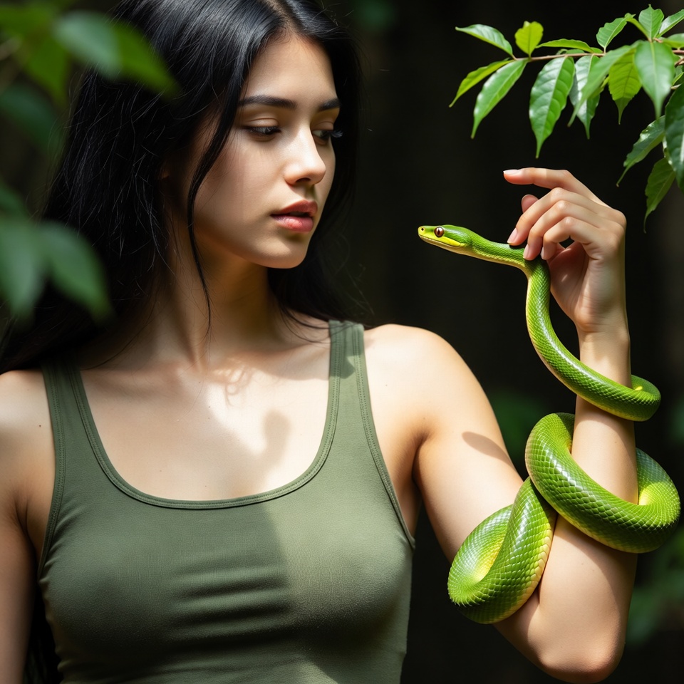 Asian woman holding green snake Asian woman holding green snake