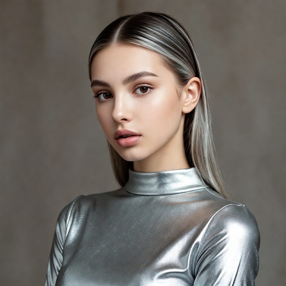 Woman with silver hair in silver turtleneck Woman with silver hair in silver turtleneck