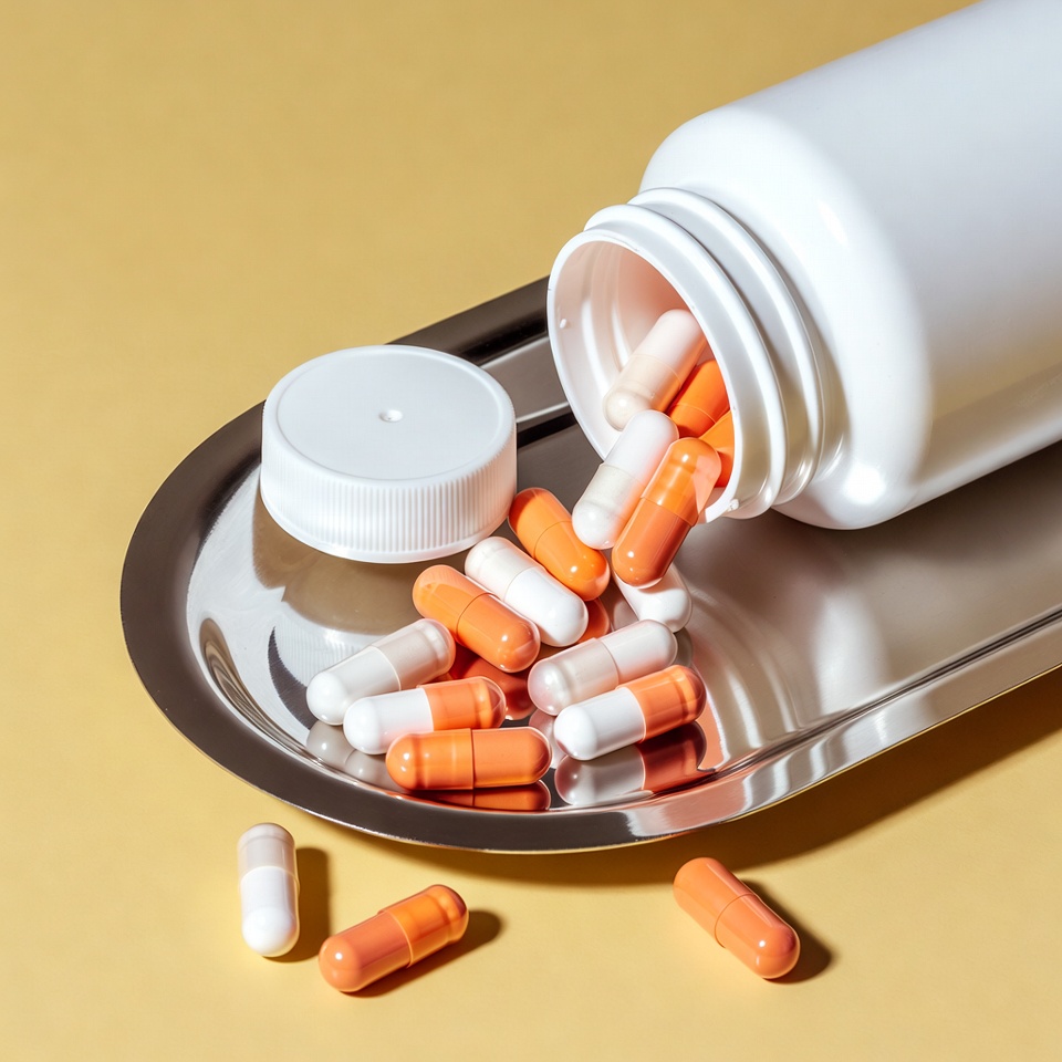 Orange and White Pills Pouring from Bottle Orange and White Pills Pouring from Bottle