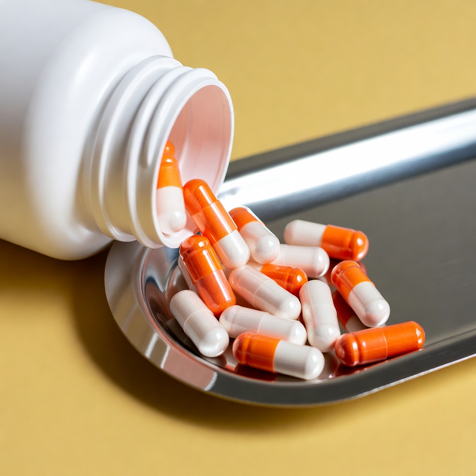 White bottle pouring orange white capsules White bottle pouring orange white capsules