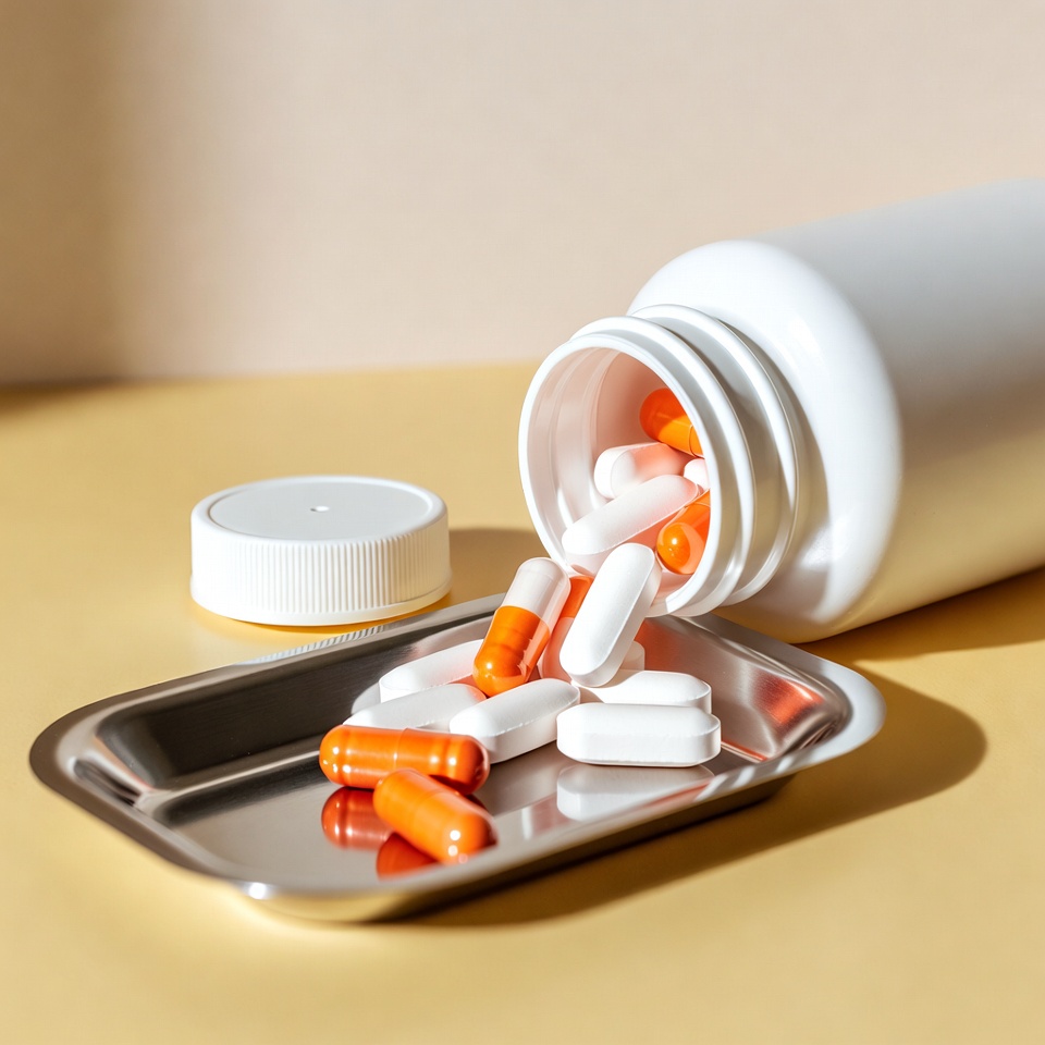 Pills spilling from white bottle onto tray Pills spilling from white bottle onto tray