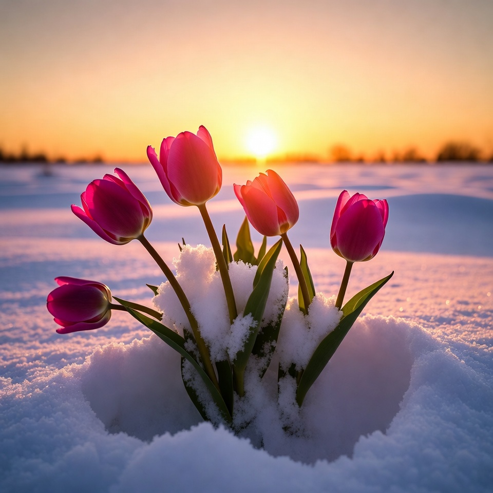 Pink tulips in snow at sunset Pink tulips in snow at sunset