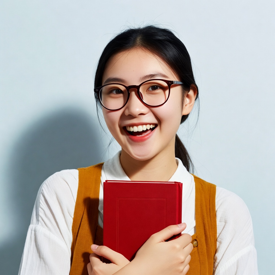 Asian girl smiling with red book Asian girl smiling with red book
