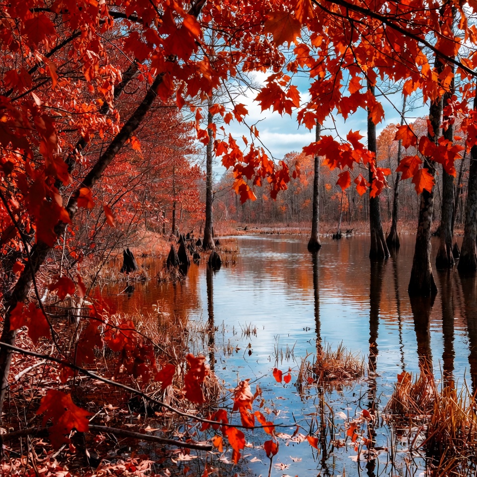 Autumn Red Trees Over Swamp Autumn Red Trees Over Swamp