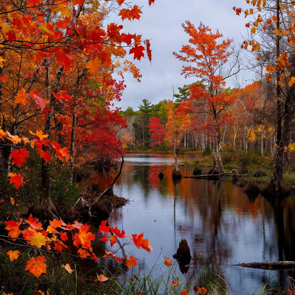 Autumn Forest with Reflective Lake Autumn Forest with Reflective Lake