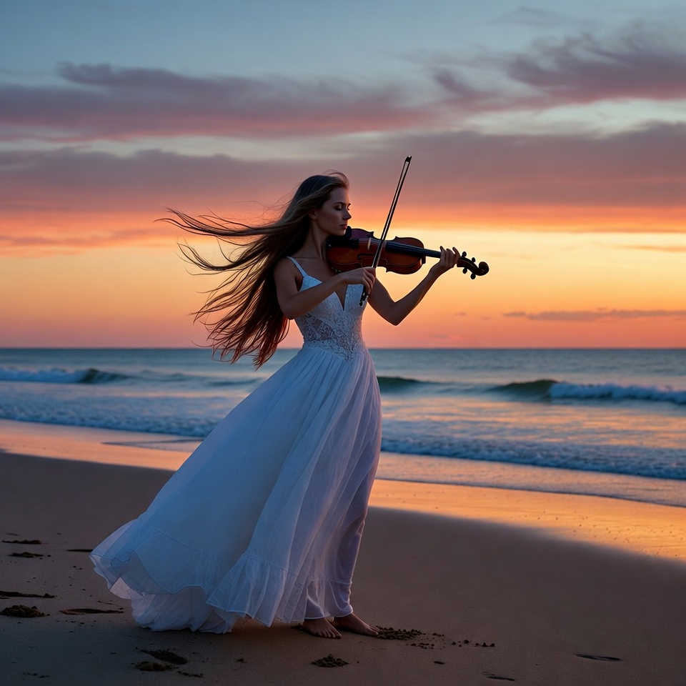 Woman playing violin on beach sunset Woman playing violin on beach sunset