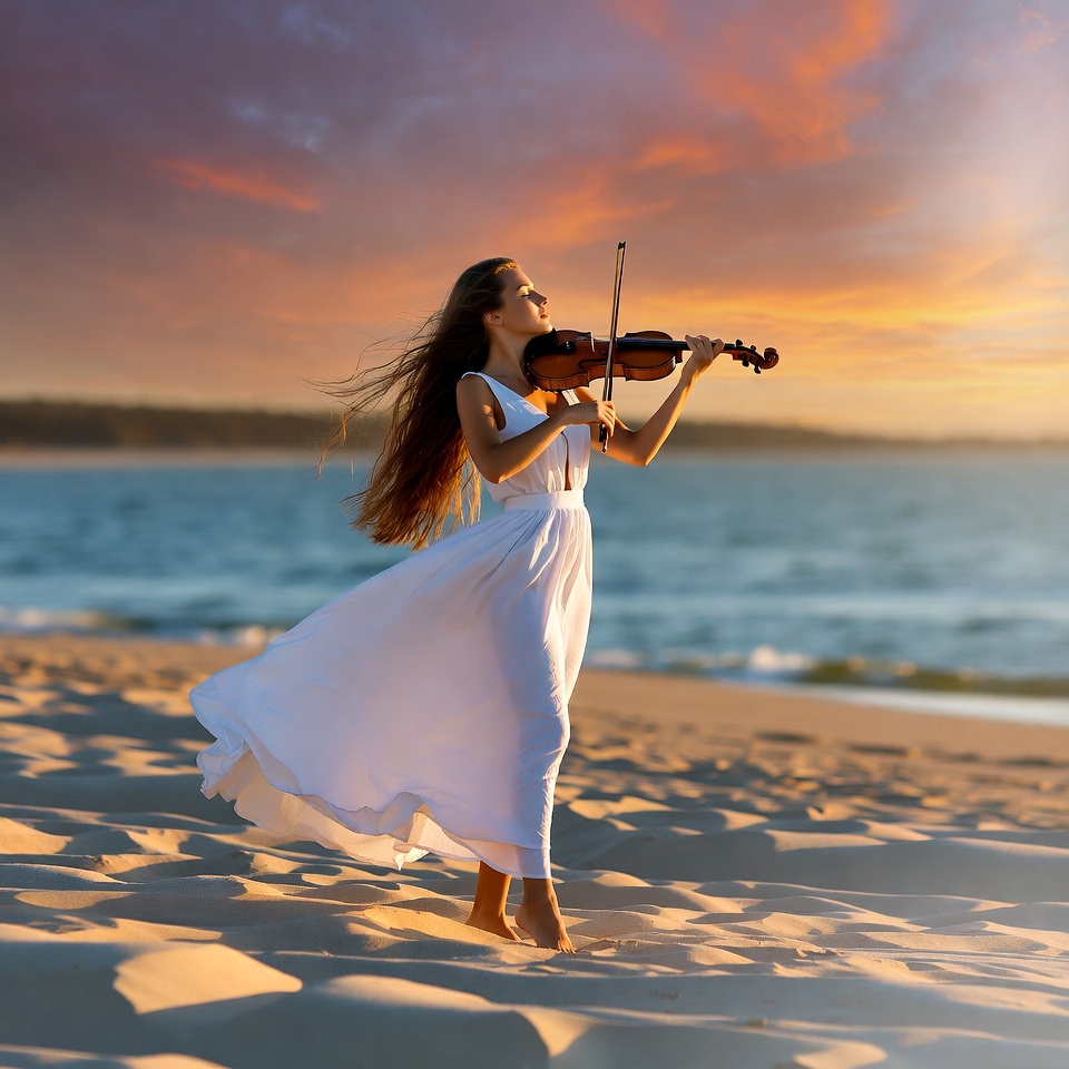 Woman playing violin on beach Woman playing violin on beach