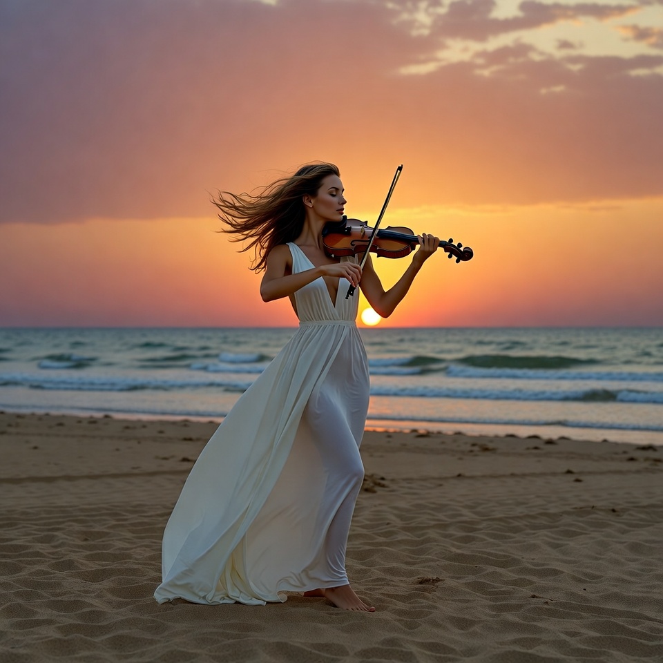 Woman playing violin on sunset beach Woman playing violin on sunset beach