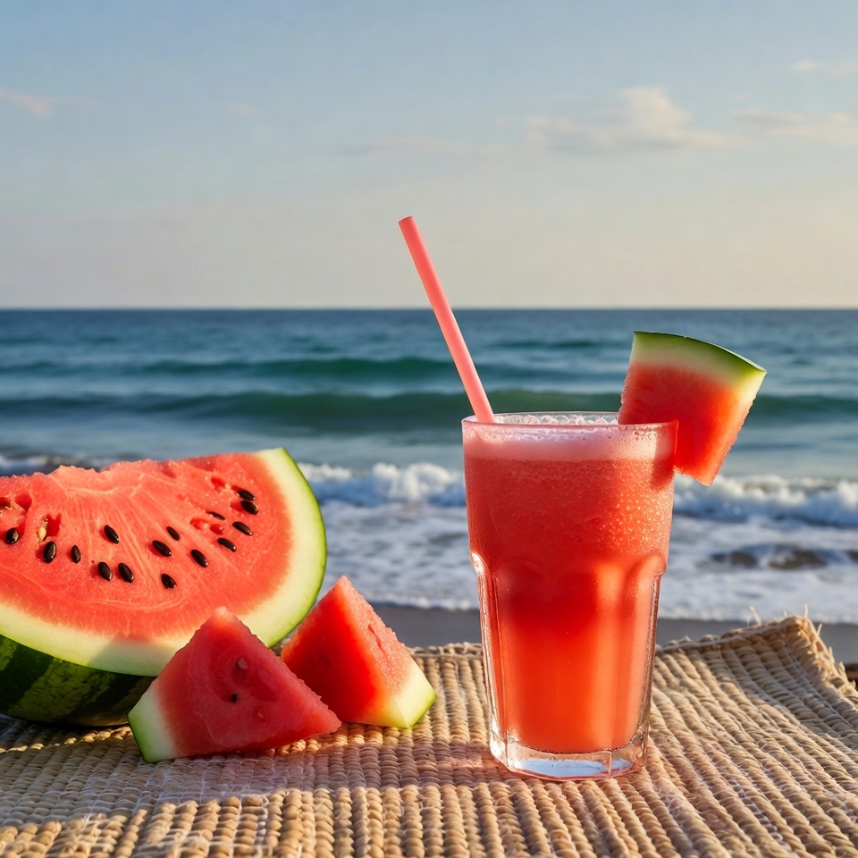 Watermelon Slices and Smoothie on Beach Watermelon Slices and Smoothie on Beach
