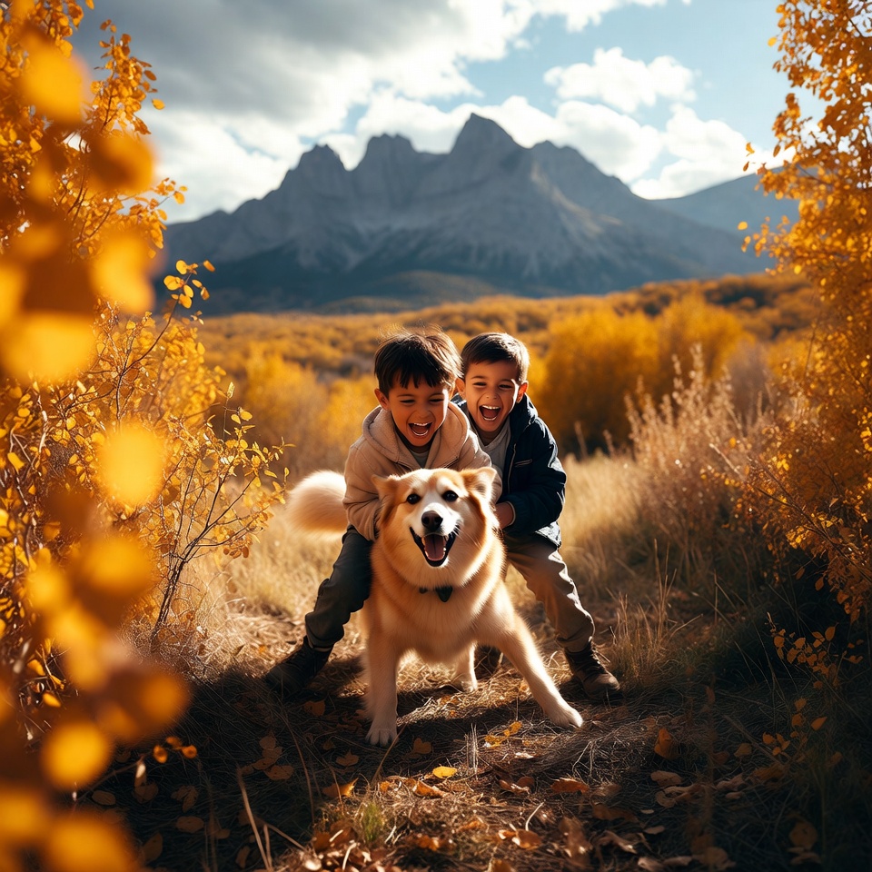 Boys playing with Golden Retriever in fall mountains Boys playing with Golden Retriever in fall mountains