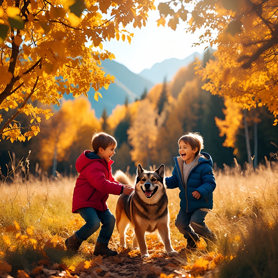 Boys playing with husky in autumn forest Boys playing with husky in autumn forest