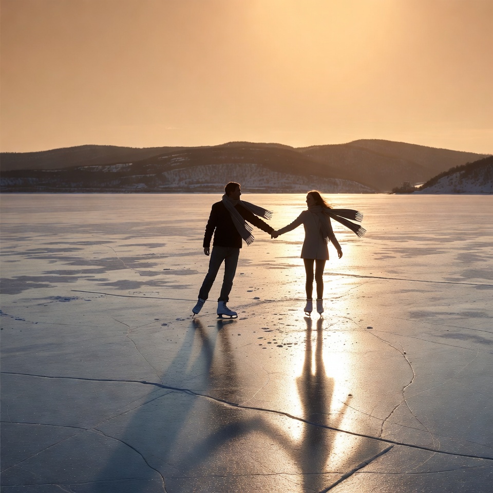 Couple ice skating on frozen lake at sunset Couple ice skating on frozen lake at sunset