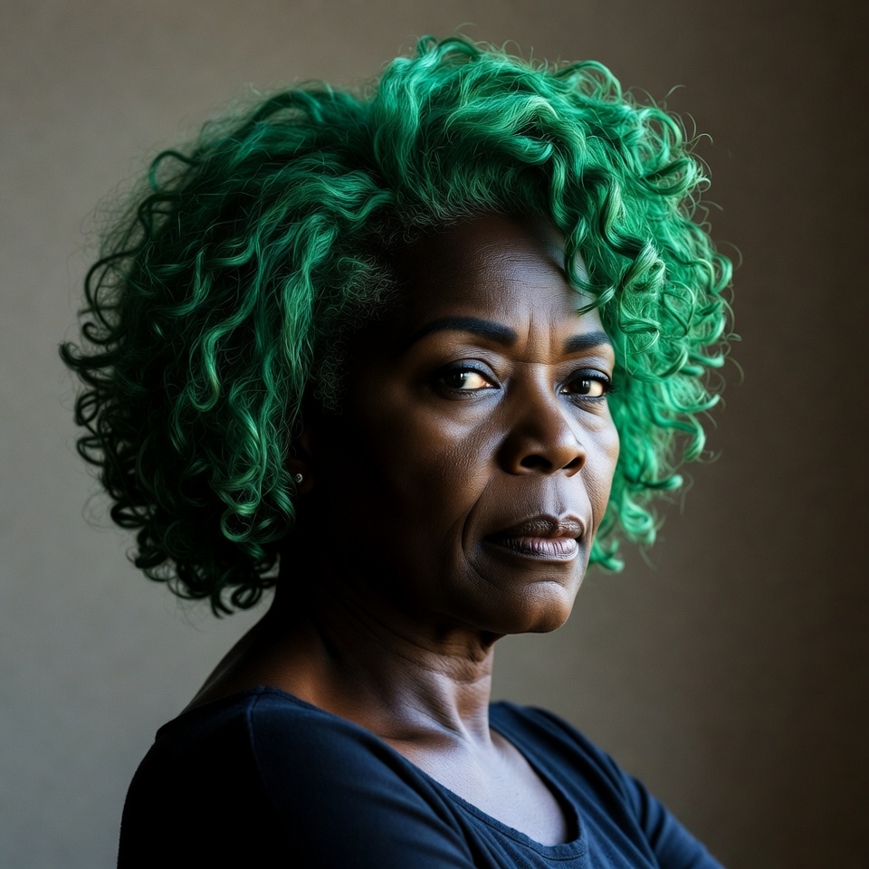 African-American woman with green curly hair African-American woman with green curly hair