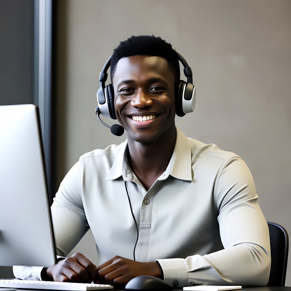 African man wearing headset at desk African man wearing headset at desk