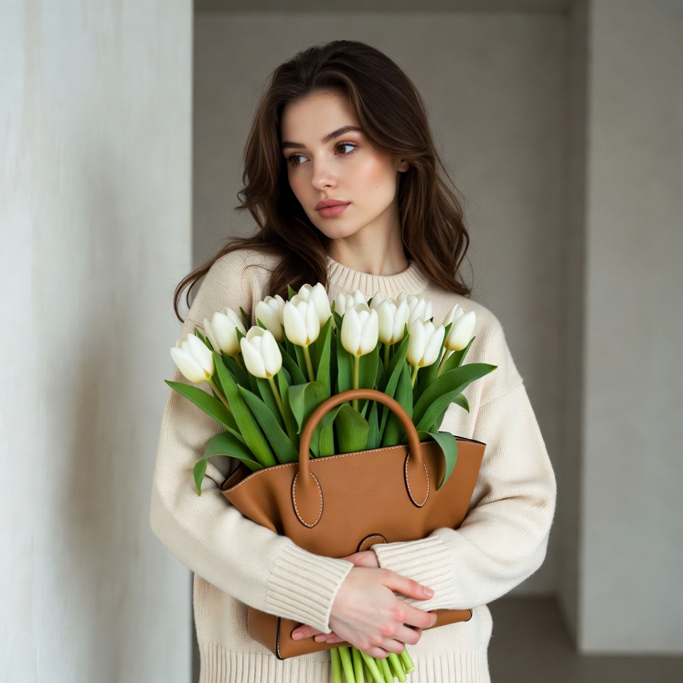 Woman holding white tulips and leather bag Woman holding white tulips and leather bag