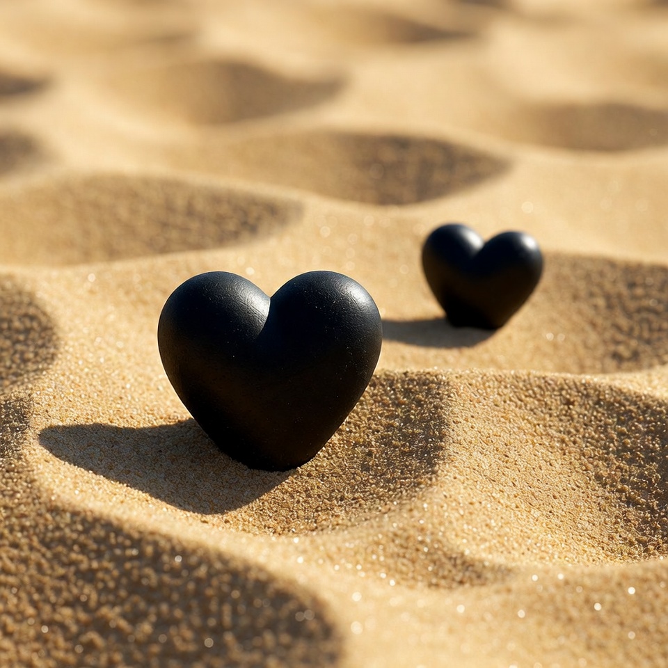 Black hearts on beach sand Black hearts on beach sand
