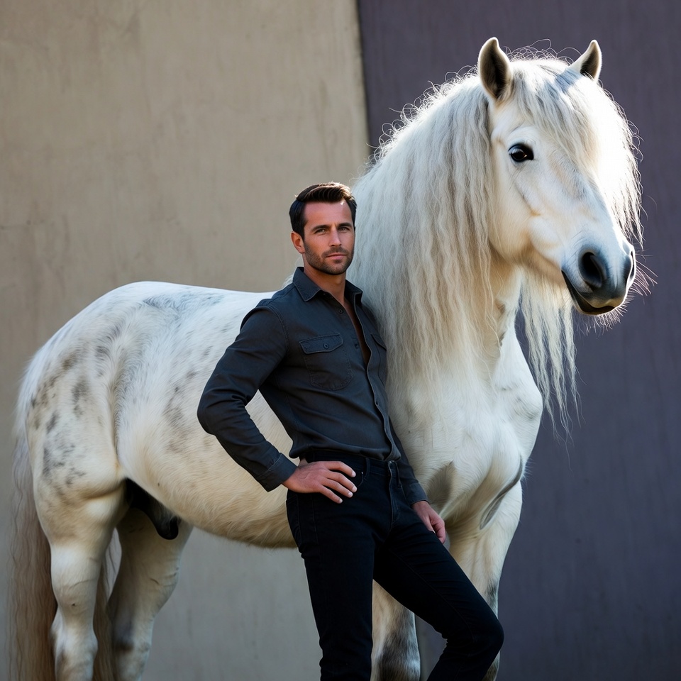 Man standing with white horse Man standing with white horse