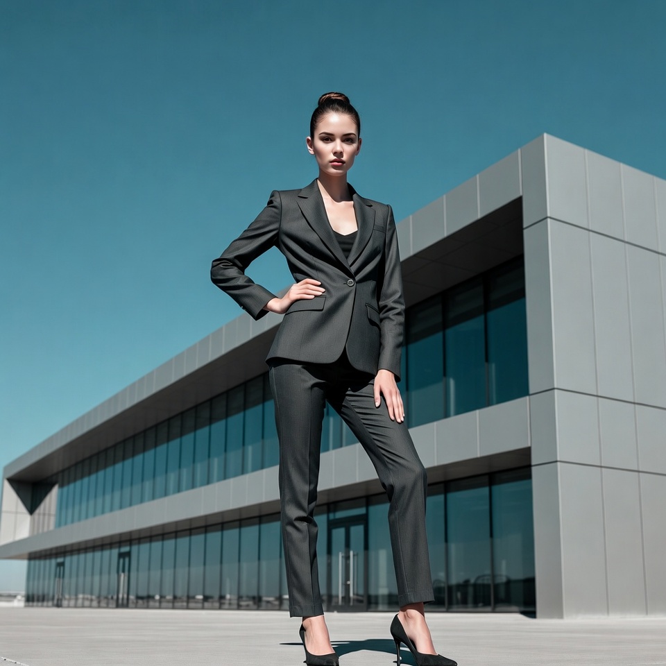 Woman in black suit outside modern building Woman in black suit outside modern building