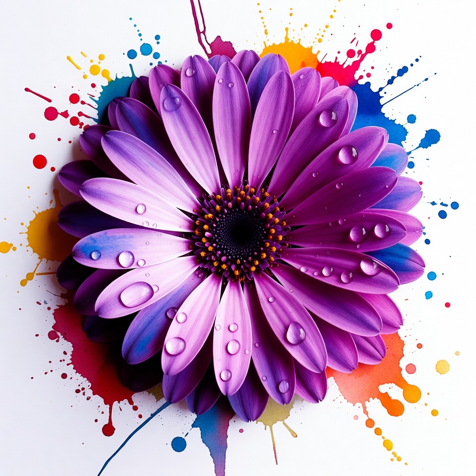 Purple Daisy with Water Droplets and Paint Splashes Purple Daisy with Water Droplets and Paint Splashes