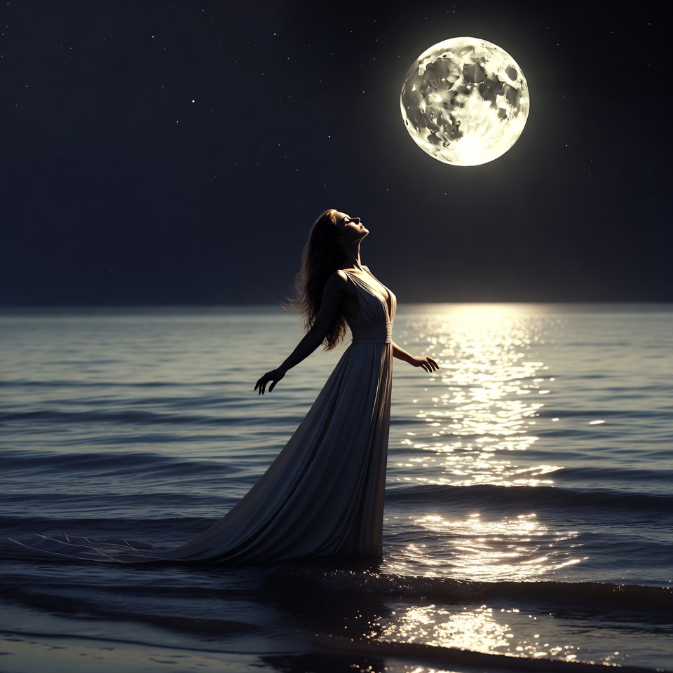 Woman in white dress gazing at moon by sea Woman in white dress gazing at moon by sea