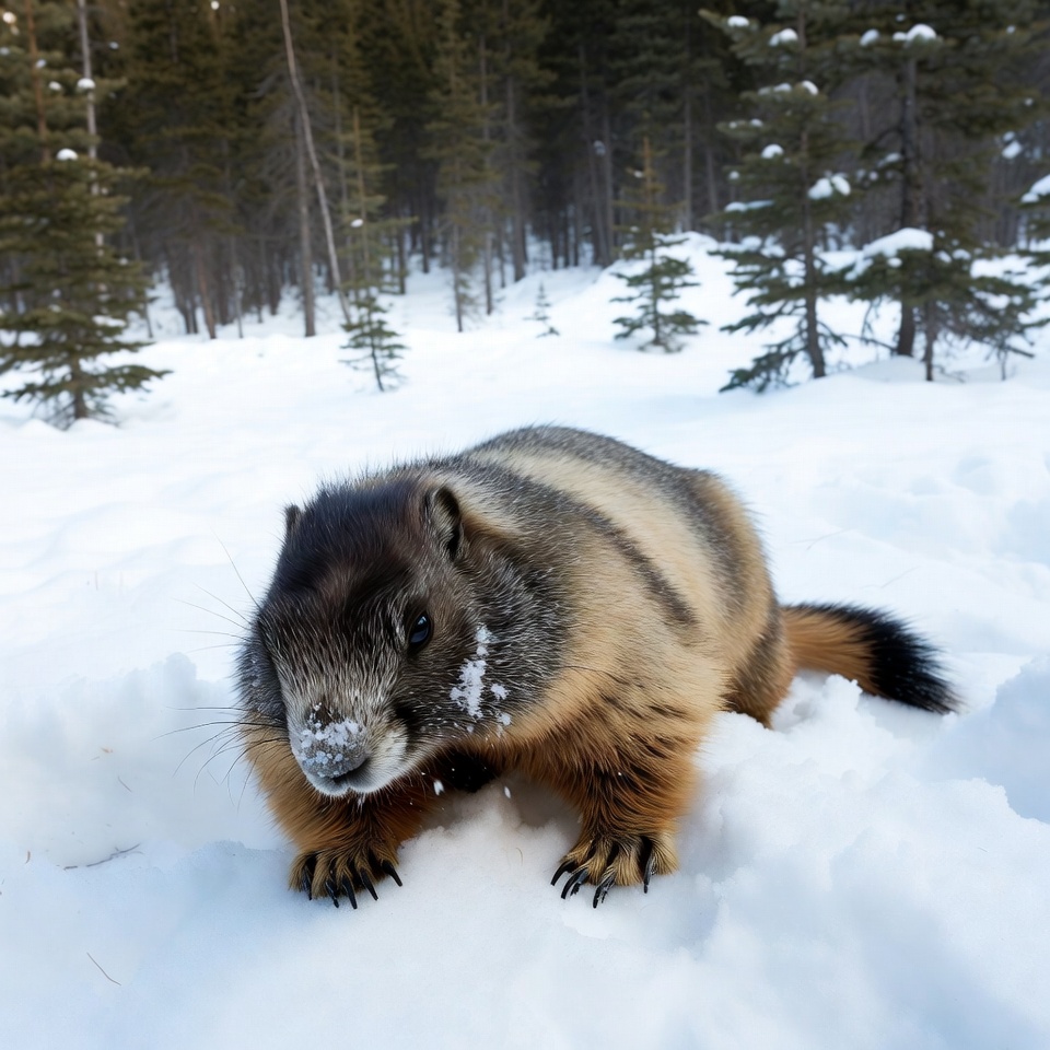 Hoary Marmot in Snowy Forest Hoary Marmot in Snowy Forest