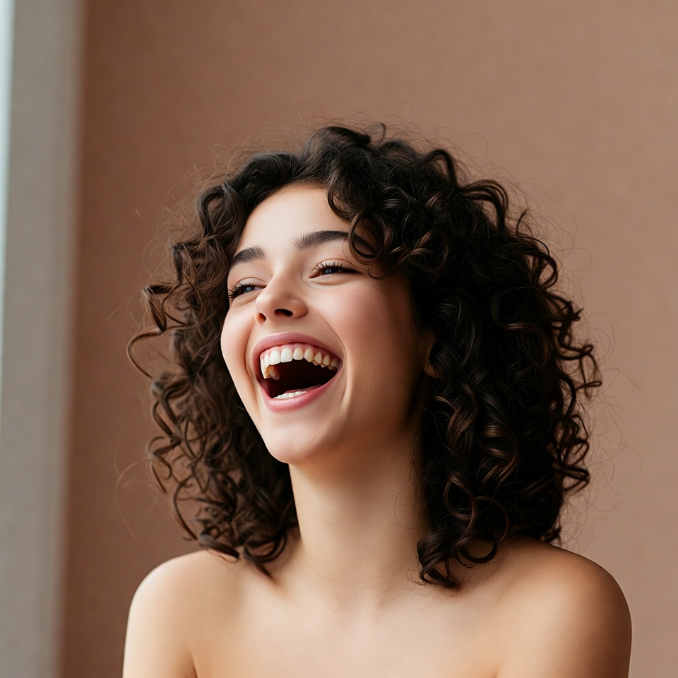 Curly-haired woman laughing joyfully Curly-haired woman laughing joyfully