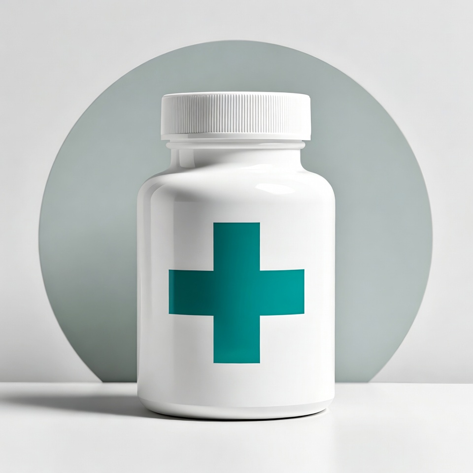 White medicine bottle with green cross White medicine bottle with green cross