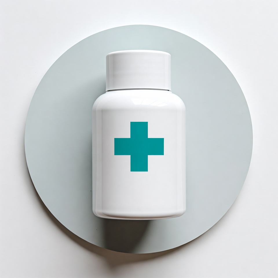 White medicine bottle with teal cross White medicine bottle with teal cross