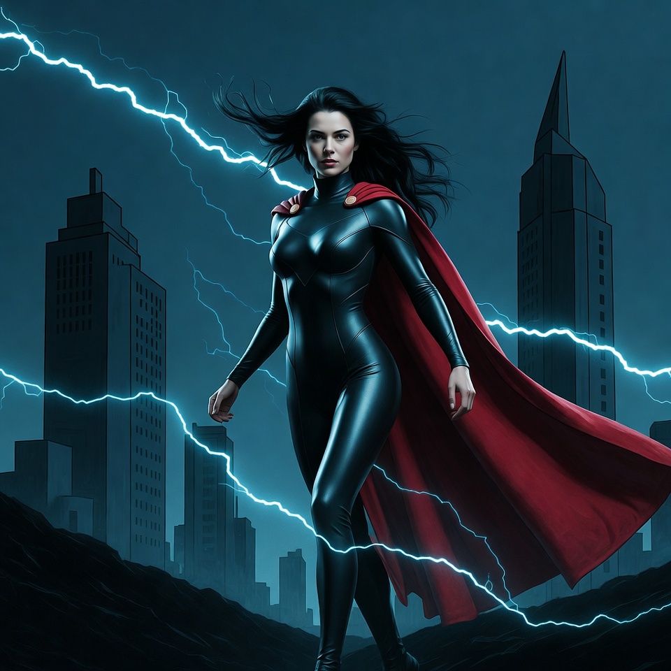 Superhero woman in red cape with lightning Superhero woman in red cape with lightning