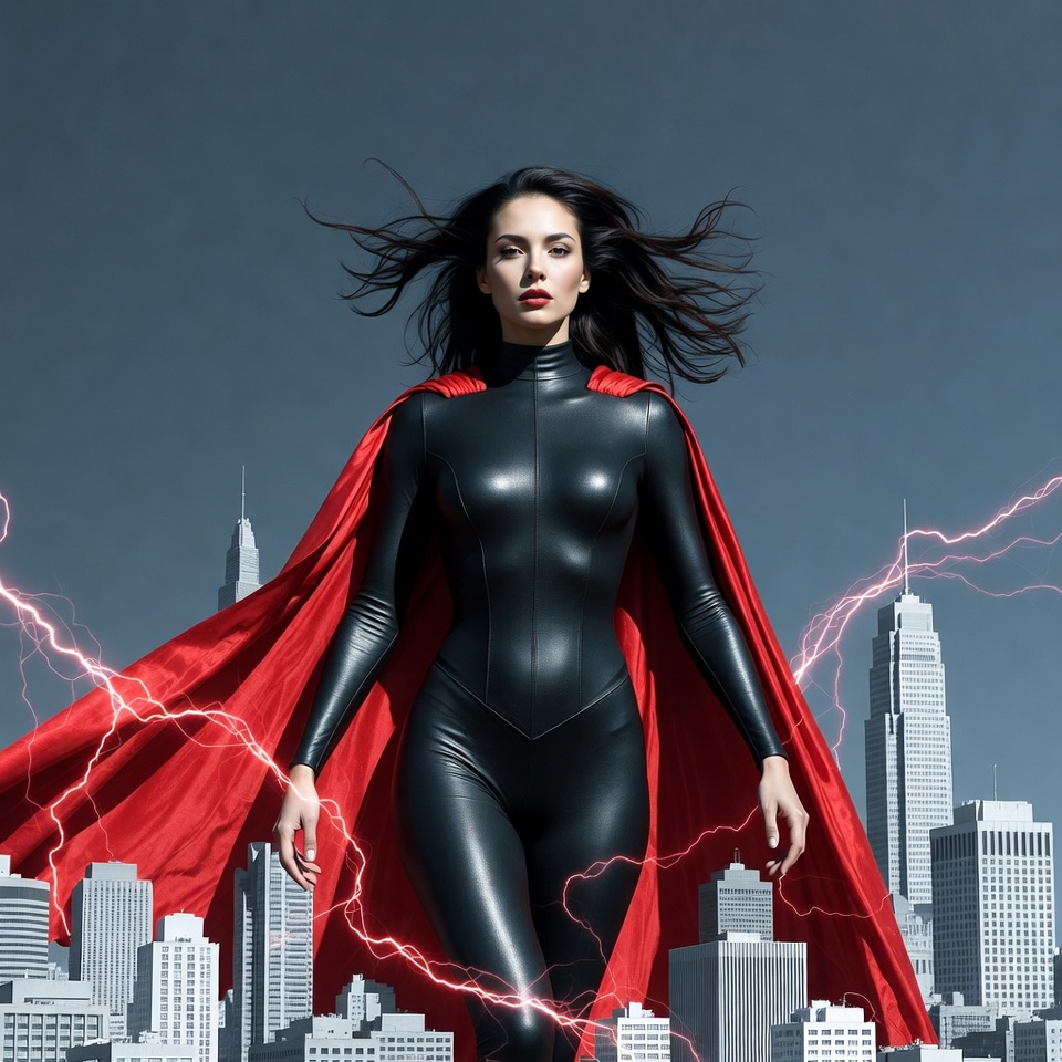 Female superhero in black suit red cape Female superhero in black suit red cape