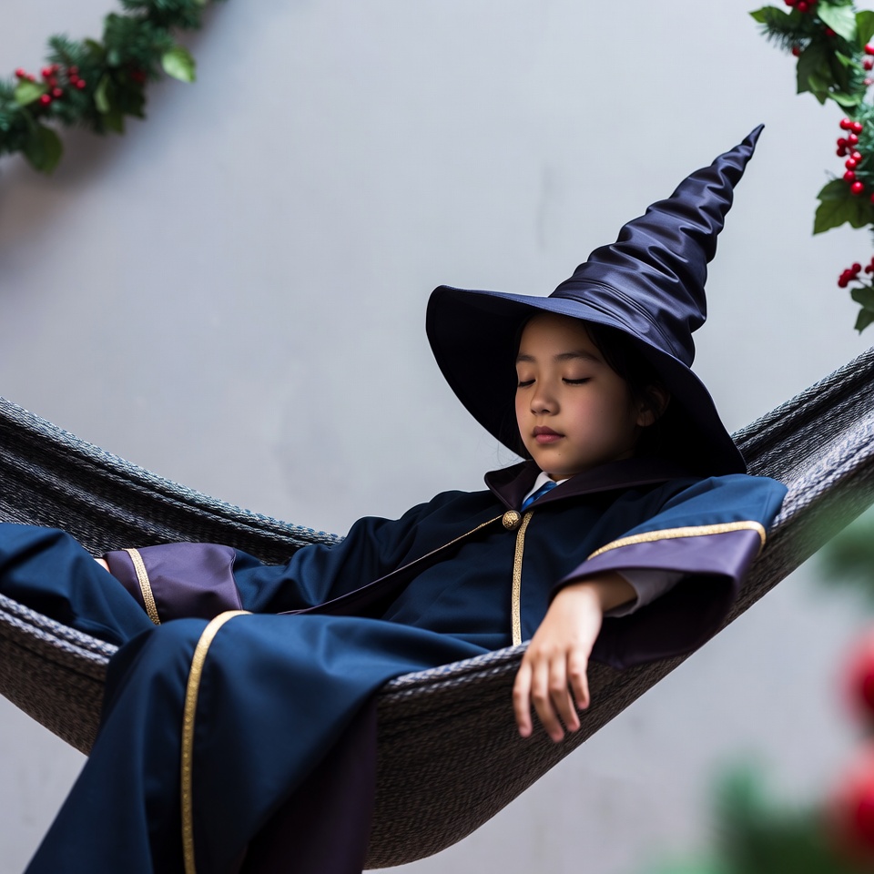 Asian girl sleeping in witch costume hammock Asian girl sleeping in witch costume hammock