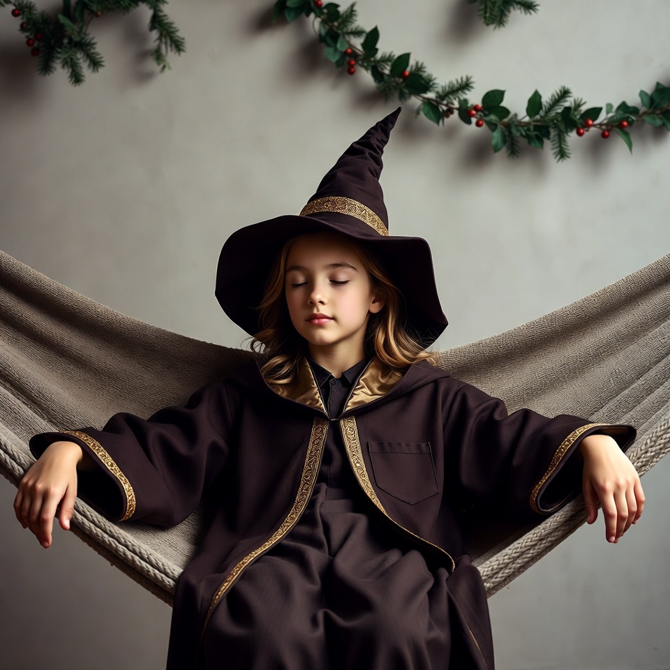 Girl in witch costume sleeping in hammock Girl in witch costume sleeping in hammock