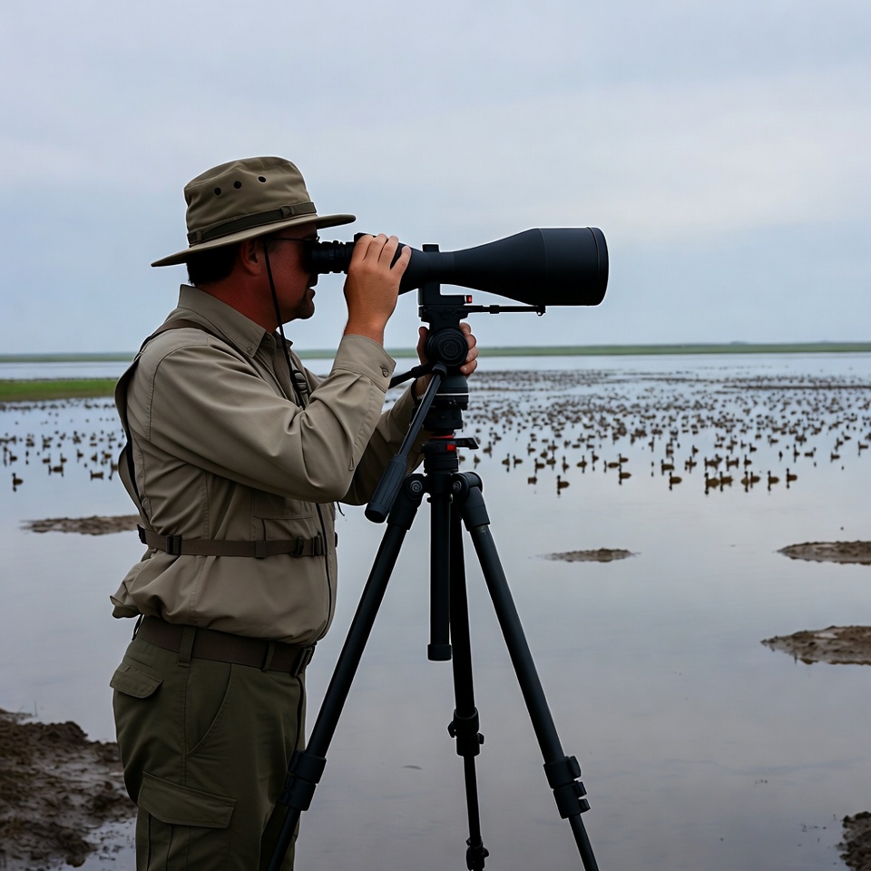Man birdwatching with spotting scope Man birdwatching with spotting scope