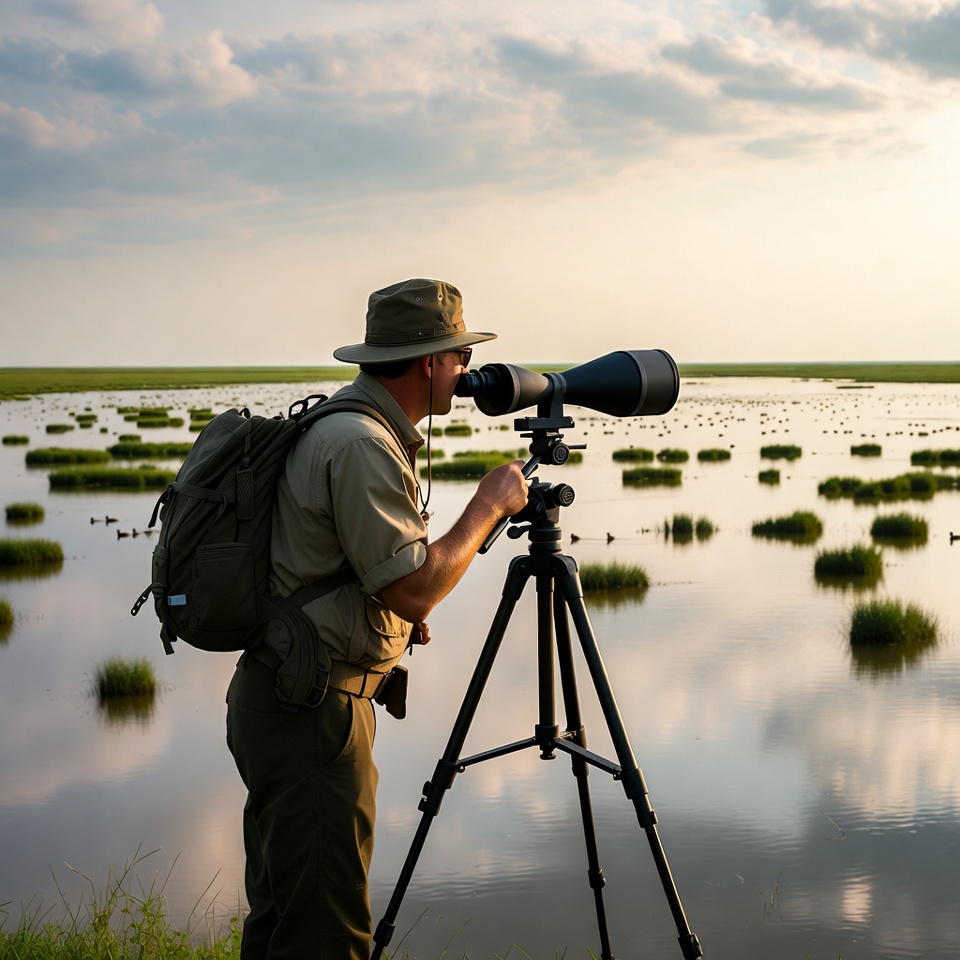 Man using spotting scope in wetlands Man using spotting scope in wetlands