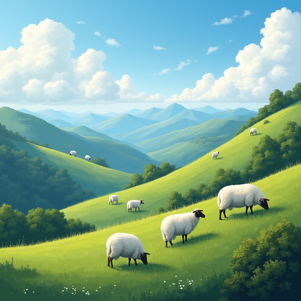 Sheep grazing on green valley hills Sheep grazing on green valley hills