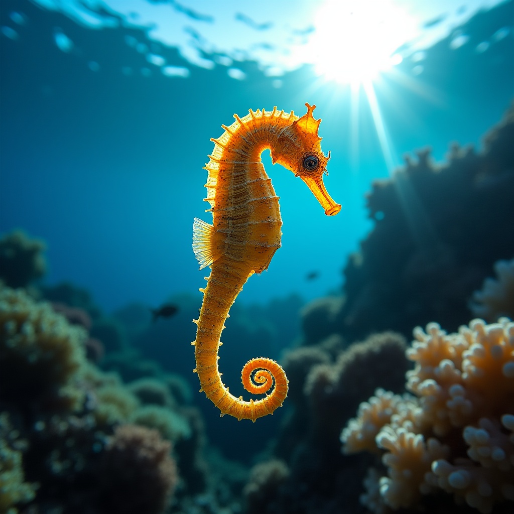Orange Seahorse in Underwater Coral Reef Orange Seahorse in Underwater Coral Reef