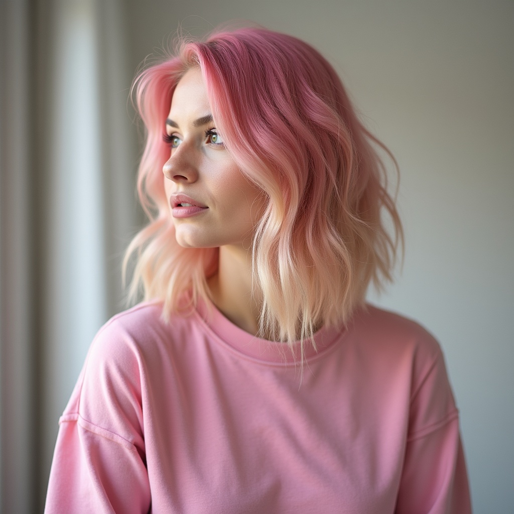 Woman with pink wavy hair Woman with pink wavy hair